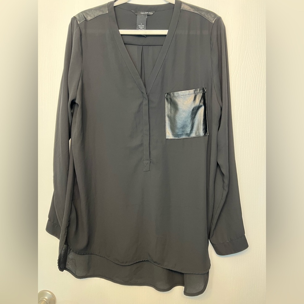 Calvin Klein Black Women's Blouse with Faux Leather Accents